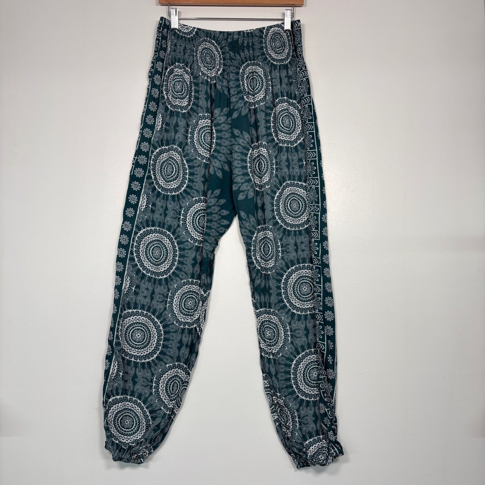 Lotus and Luna Women Harem Pants L Teal Mandala Print Smocked Waist Rayon Boho